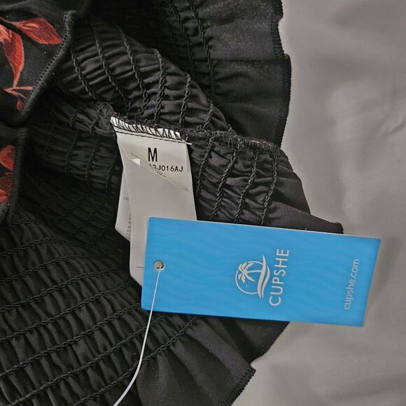 CUPSHE Mini Dress Medium Black Floral Print Smocked Bodycon Longsleeve NWT - Picture 3 of 10